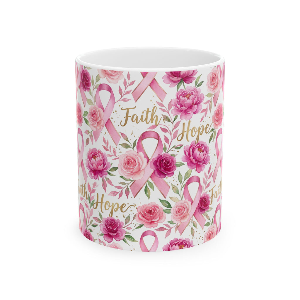 Hope & Pink Ribbon Floral Awareness Mug - Ceramic Mug, (11oz, 15oz)