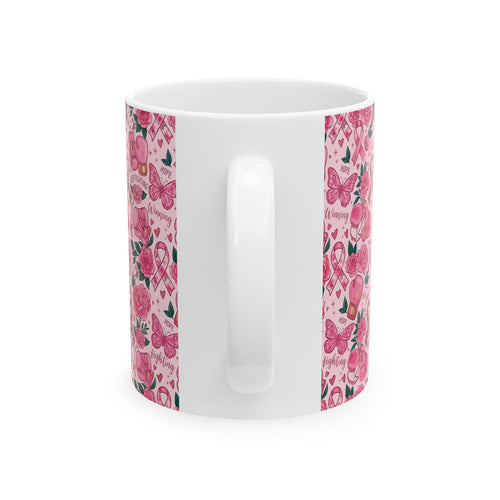 Pink Boxing Gloves & Ribbon Pattern Awareness Mug - Ceramic Mug, (11oz, 15oz)
