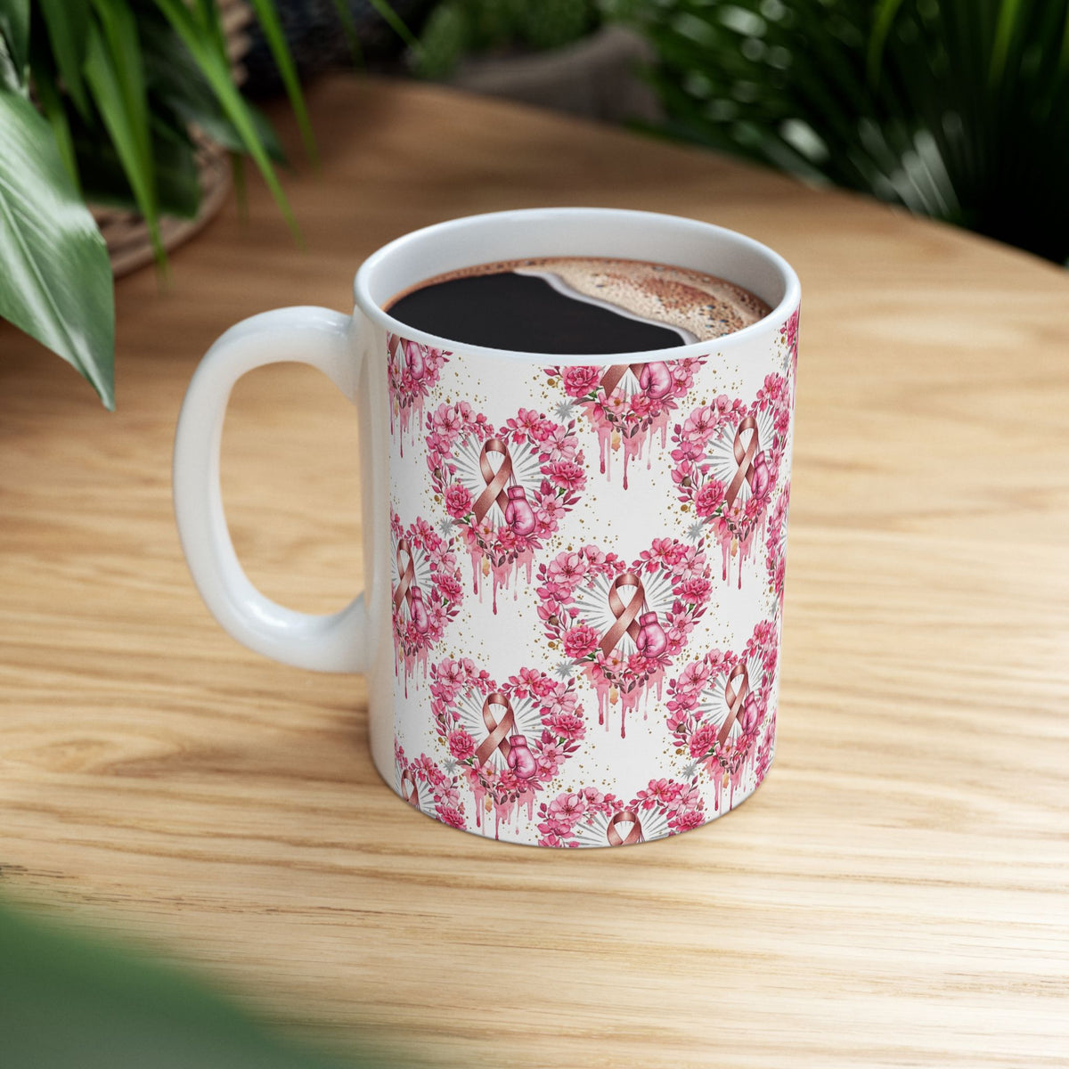 Heart Pink Ribbon Floral Breast Cancer Awareness Mug - Ceramic Mug, (11oz, 15oz)