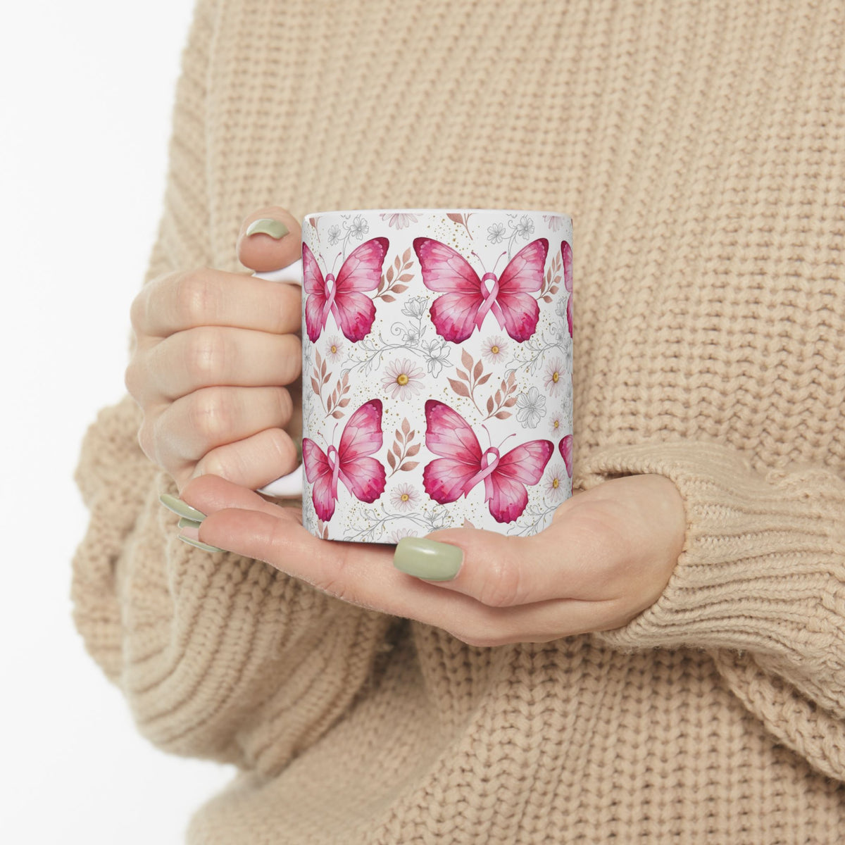Pink Butterfly & Ribbon Breast Cancer Awareness Mug - Ceramic Mug, (11oz, 15oz)