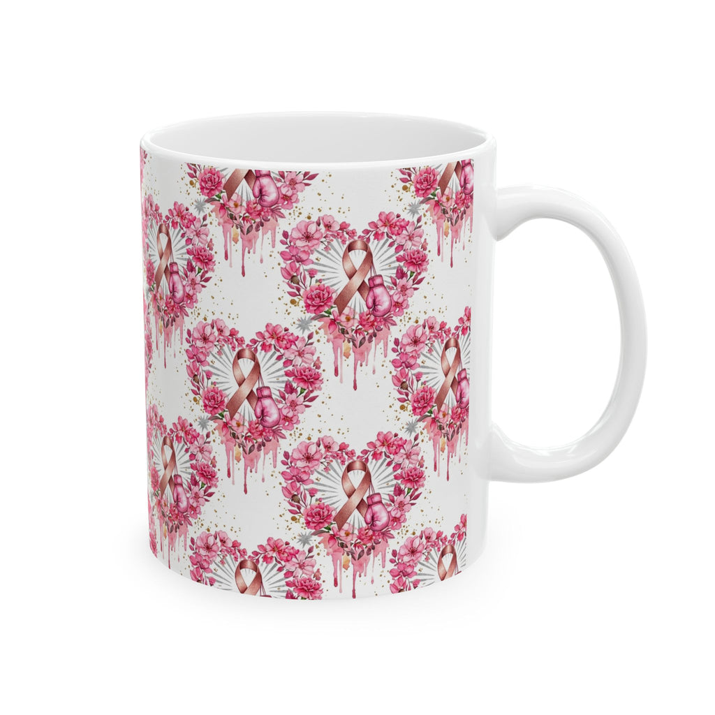 Heart Pink Ribbon Floral Breast Cancer Awareness Mug - Ceramic Mug, (11oz, 15oz)