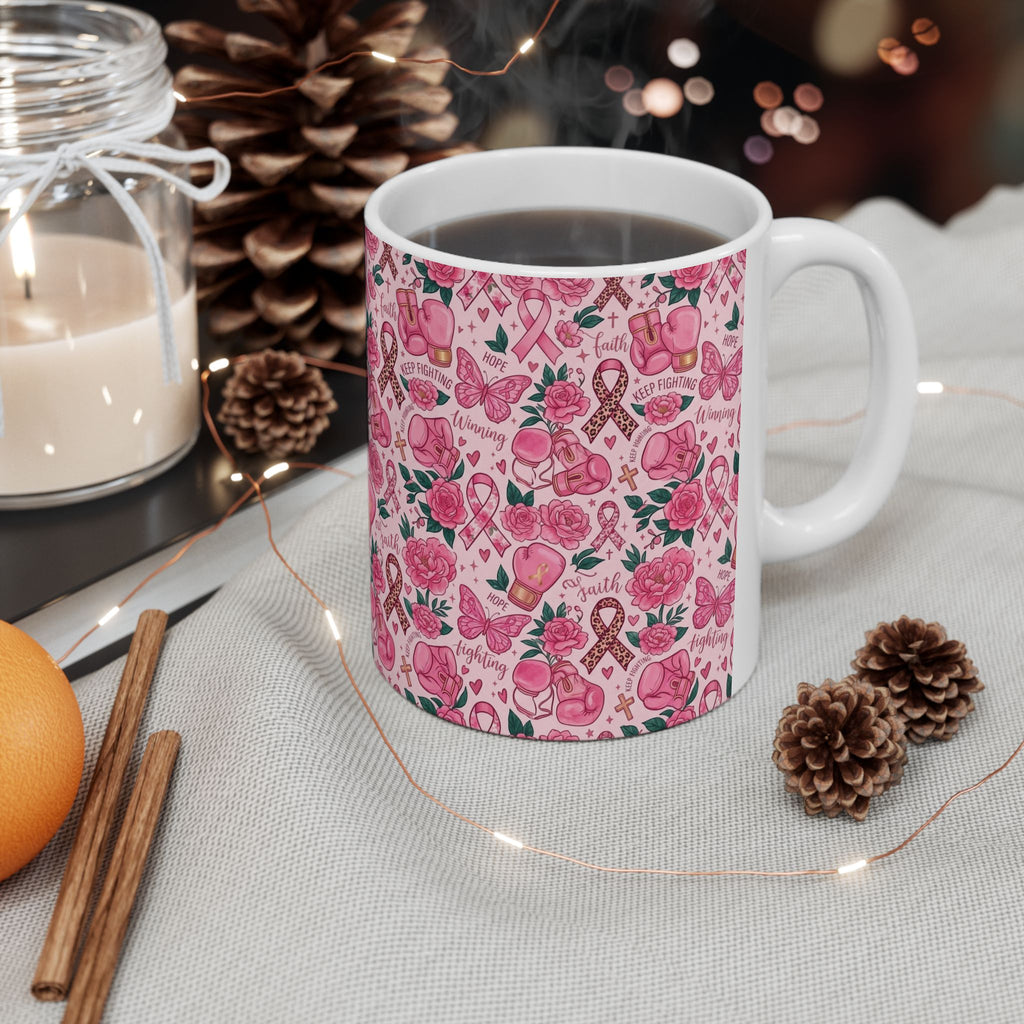 Pink Boxing Gloves & Ribbon Pattern Awareness Mug - Ceramic Mug, (11oz, 15oz)