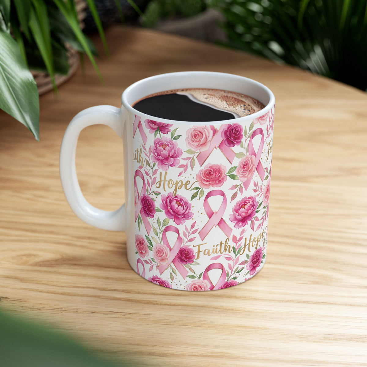 Hope & Pink Ribbon Floral Awareness Mug - Ceramic Mug, (11oz, 15oz)