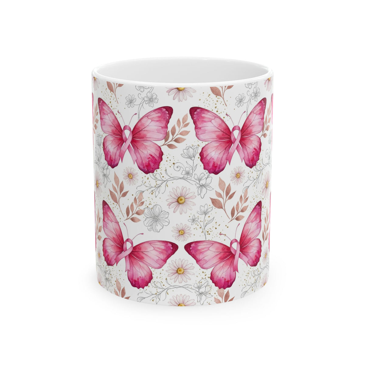 Pink Butterfly & Ribbon Breast Cancer Awareness Mug - Ceramic Mug, (11oz, 15oz)