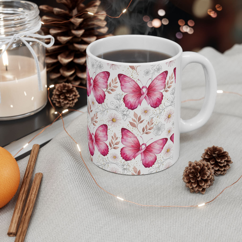 Pink Butterfly & Ribbon Breast Cancer Awareness Mug - Ceramic Mug, (11oz, 15oz)