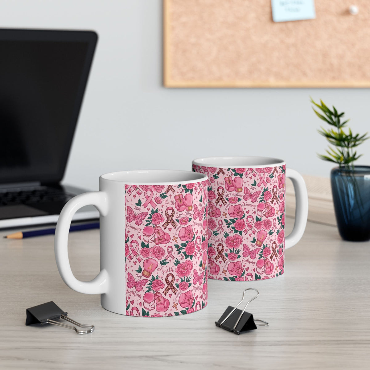 Pink Boxing Gloves & Ribbon Pattern Awareness Mug - Ceramic Mug, (11oz, 15oz)