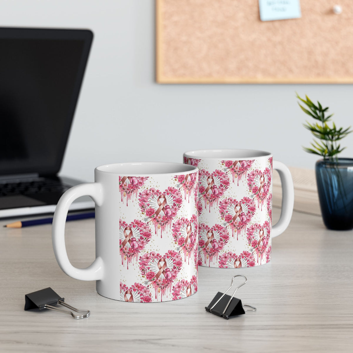 Heart Pink Ribbon Floral Breast Cancer Awareness Mug - Ceramic Mug, (11oz, 15oz)