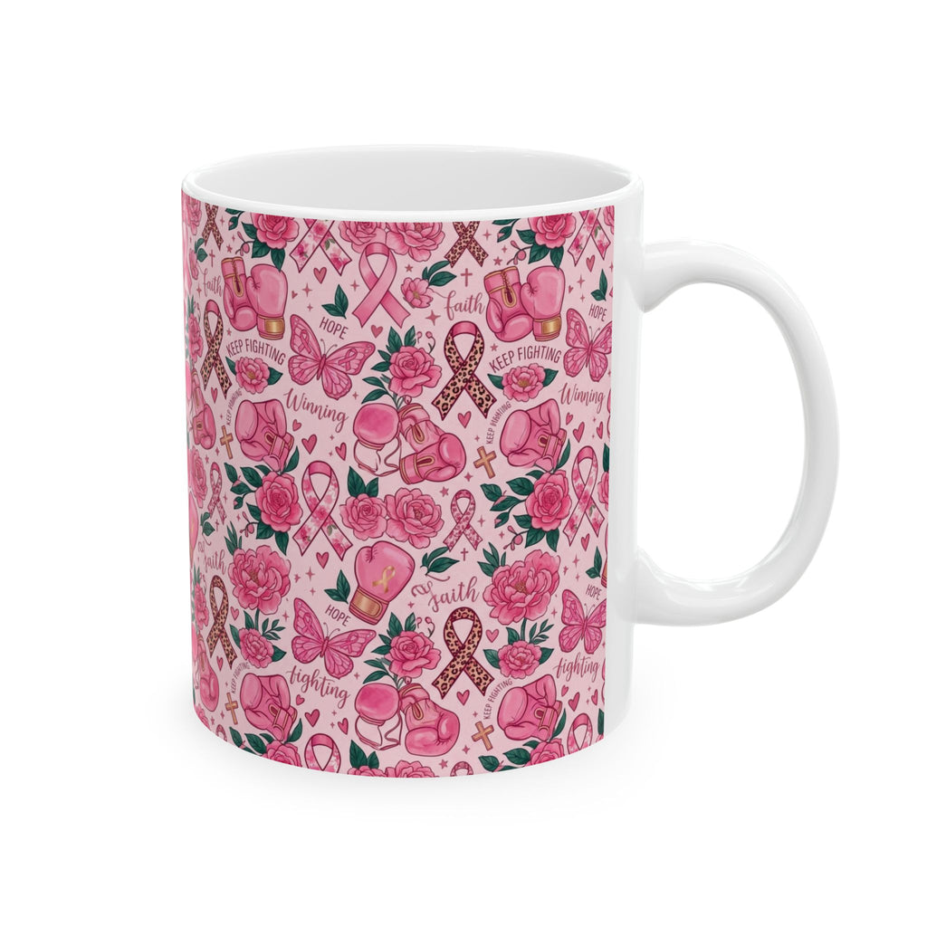 Pink Boxing Gloves & Ribbon Pattern Awareness Mug - Ceramic Mug, (11oz, 15oz)