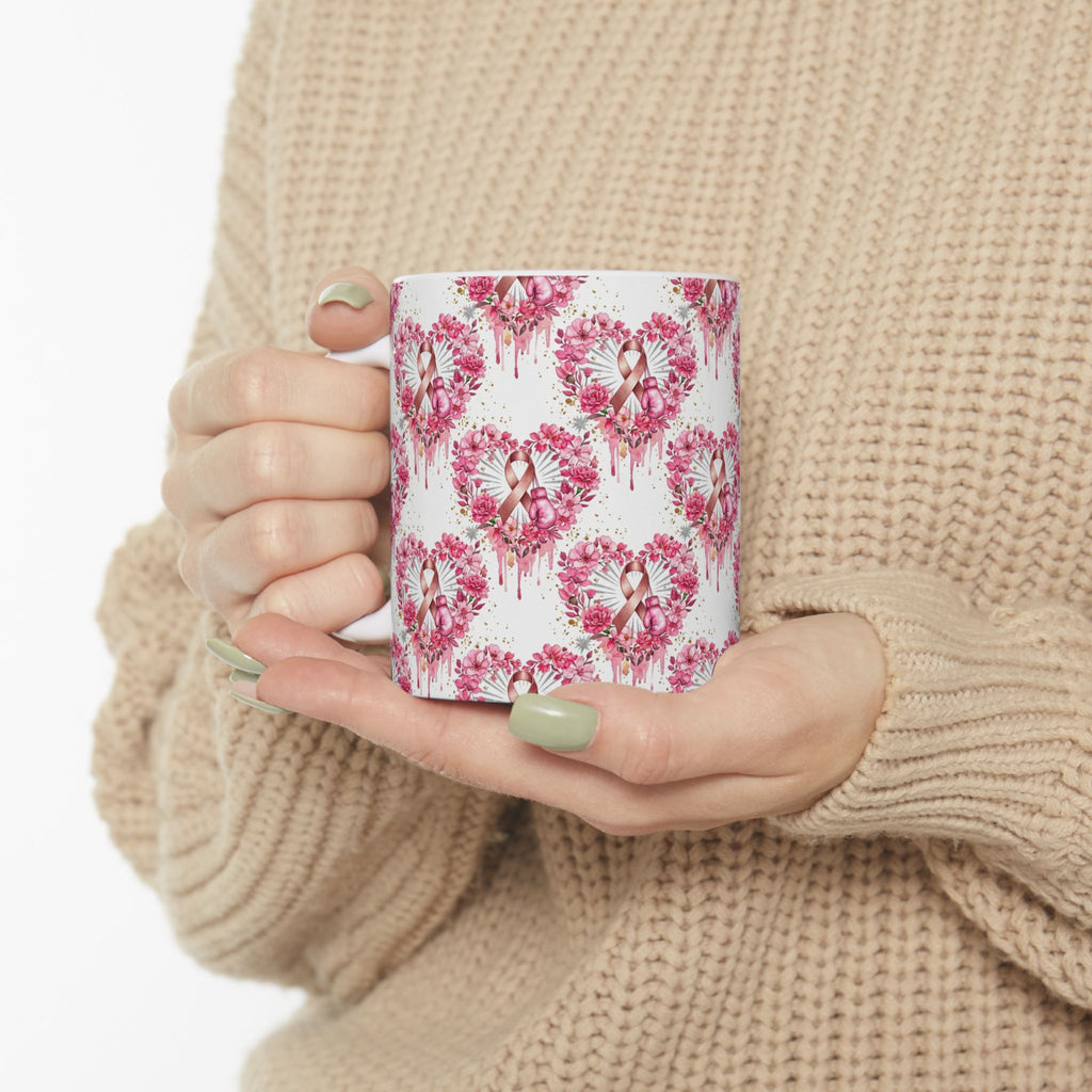 Heart Pink Ribbon Floral Breast Cancer Awareness Mug - Ceramic Mug, (11oz, 15oz)