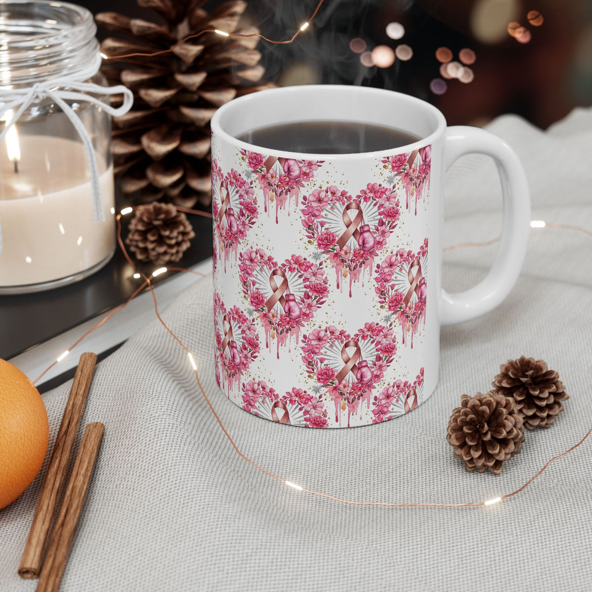 Heart Pink Ribbon Floral Breast Cancer Awareness Mug - Ceramic Mug, (11oz, 15oz)