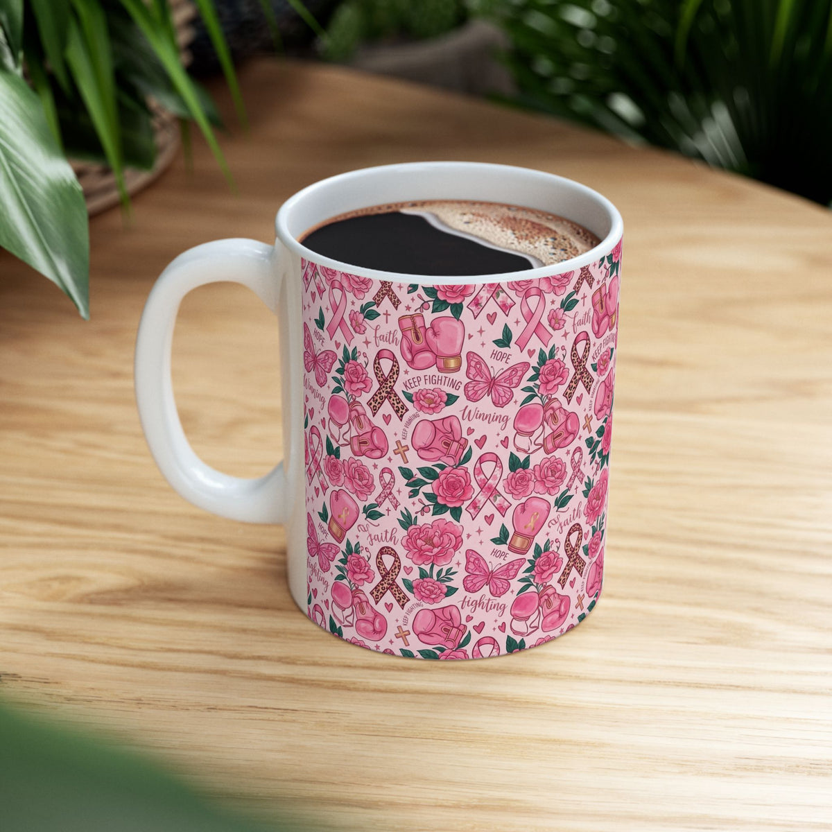 Pink Boxing Gloves & Ribbon Pattern Awareness Mug - Ceramic Mug, (11oz, 15oz)