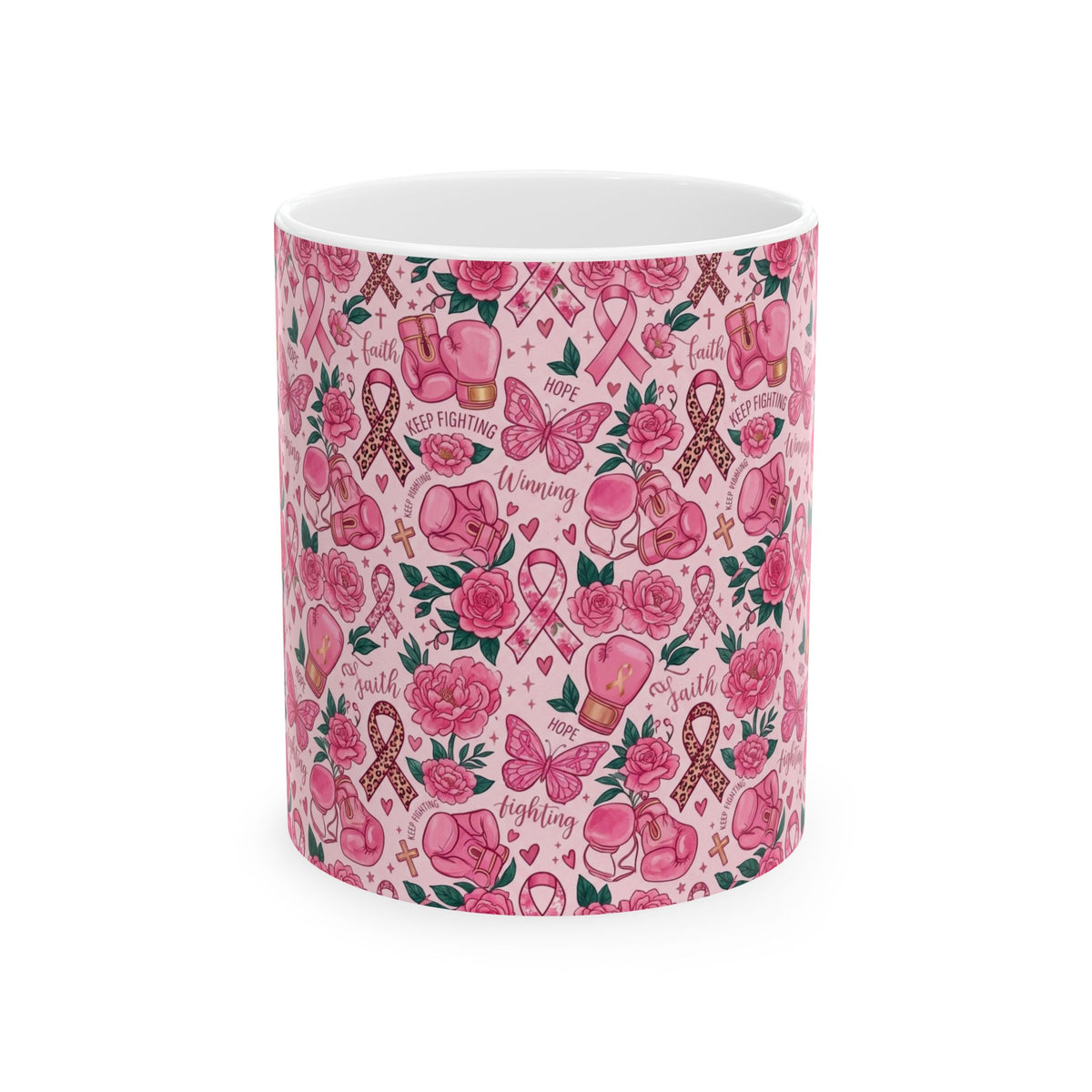 Pink Boxing Gloves & Ribbon Pattern Awareness Mug - Ceramic Mug, (11oz, 15oz)
