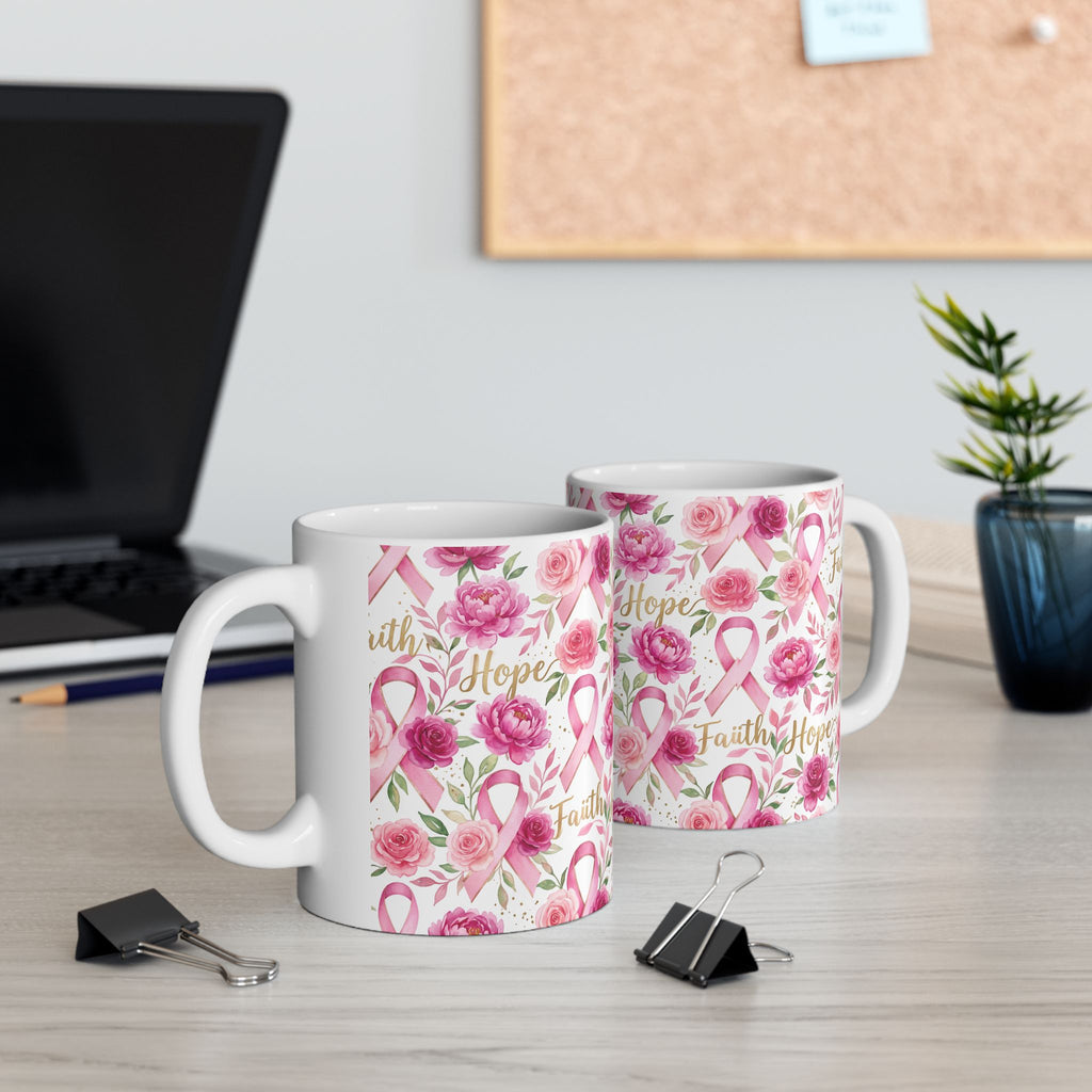 Hope & Pink Ribbon Floral Awareness Mug - Ceramic Mug, (11oz, 15oz)