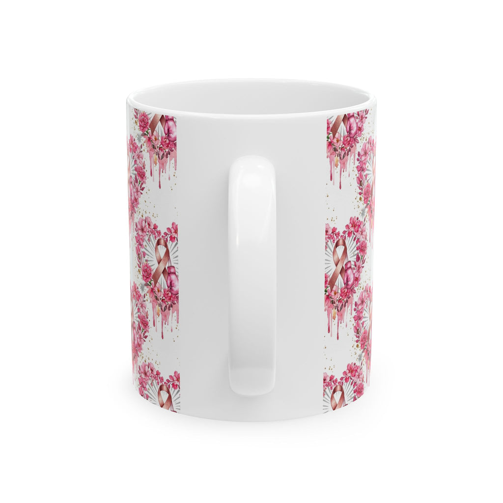 Heart Pink Ribbon Floral Breast Cancer Awareness Mug - Ceramic Mug, (11oz, 15oz)