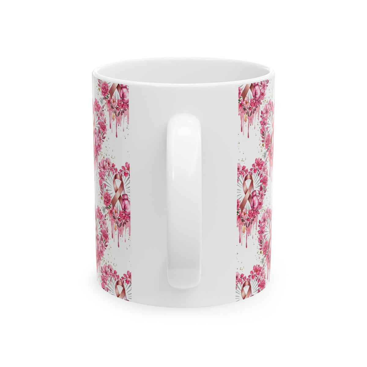Heart Pink Ribbon Floral Breast Cancer Awareness Mug - Ceramic Mug, (11oz, 15oz)