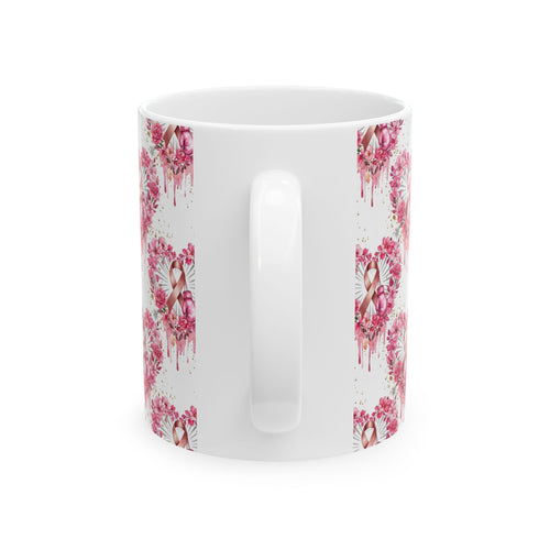 Heart Pink Ribbon Floral Breast Cancer Awareness Mug - Ceramic Mug, (11oz, 15oz)
