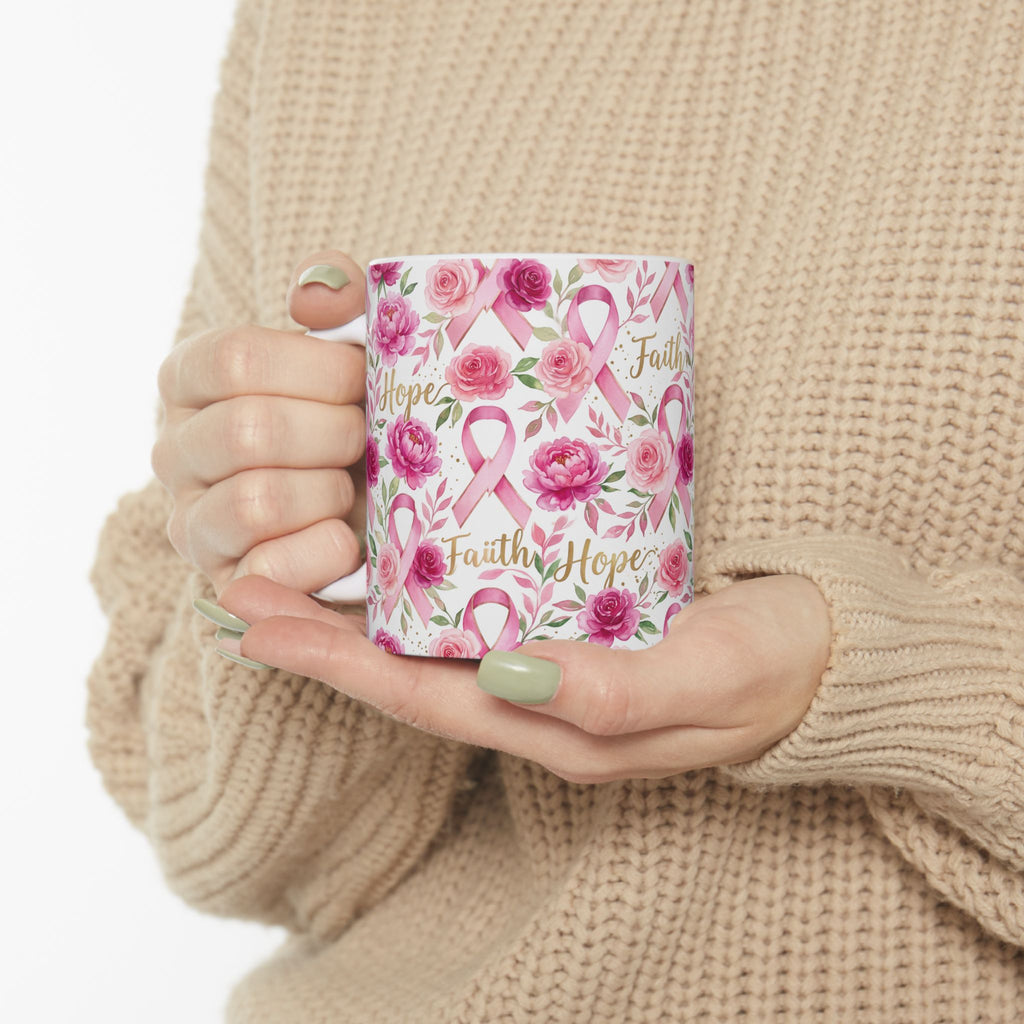 Hope & Pink Ribbon Floral Awareness Mug - Ceramic Mug, (11oz, 15oz)