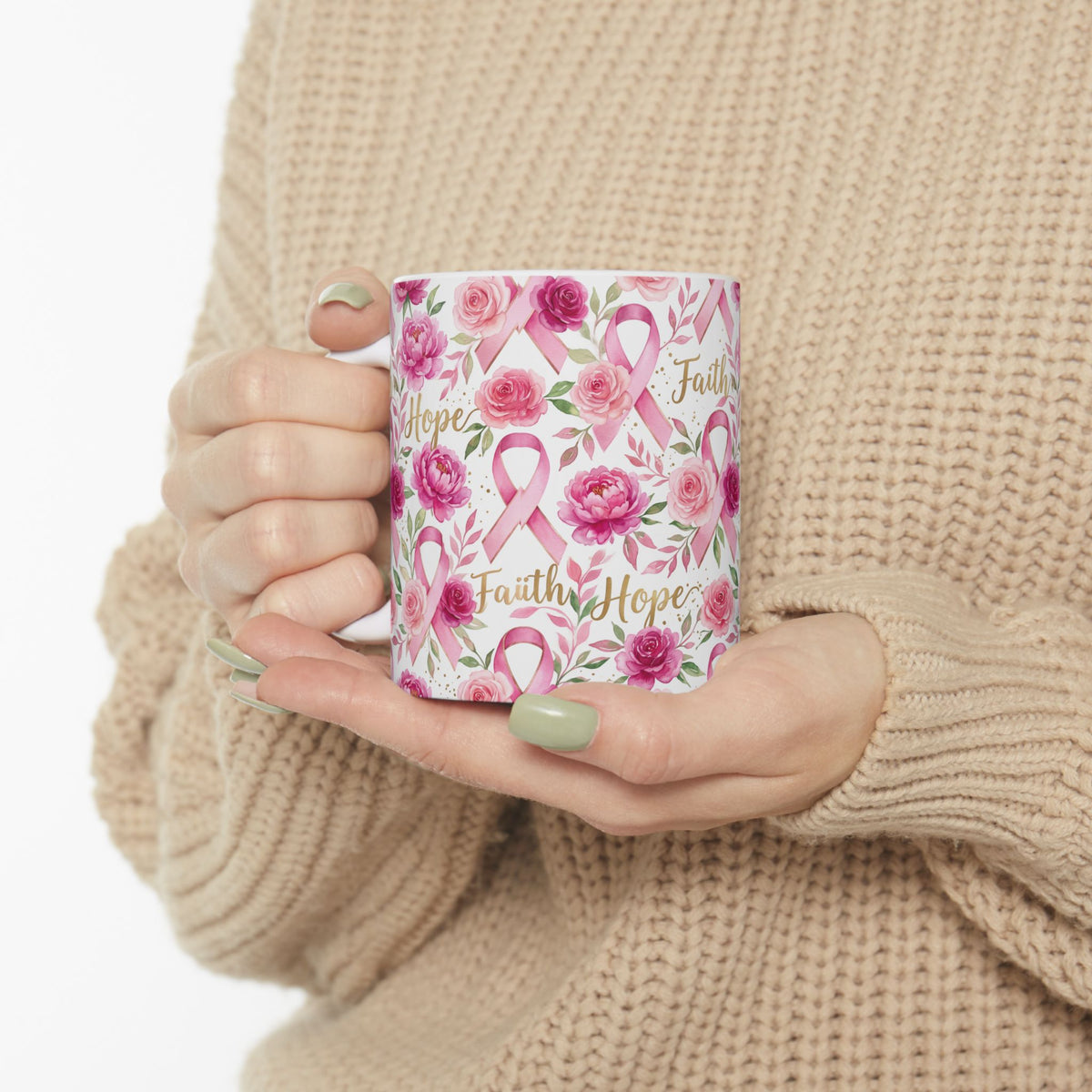 Hope & Pink Ribbon Floral Awareness Mug - Ceramic Mug, (11oz, 15oz)