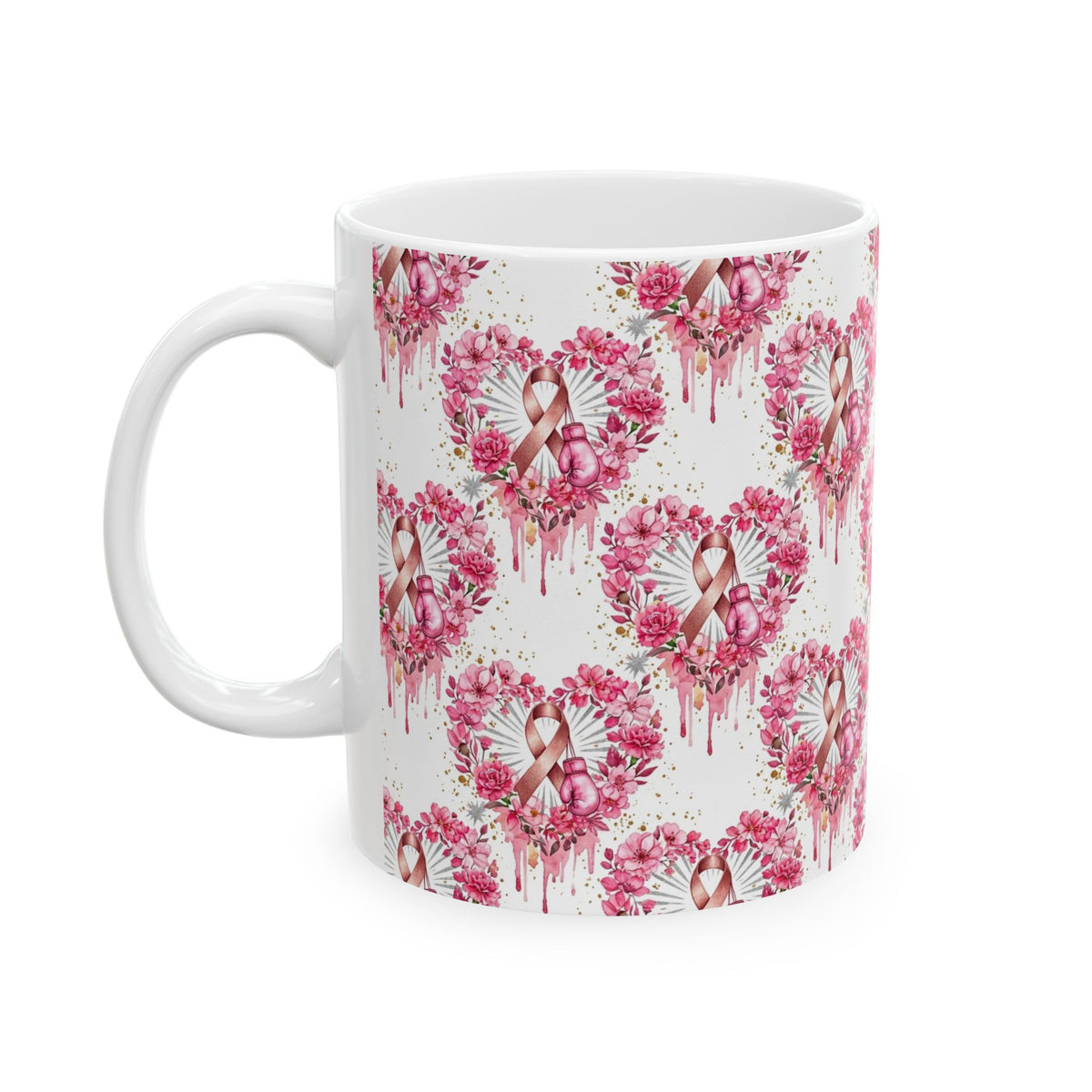 Heart Pink Ribbon Floral Breast Cancer Awareness Mug - Ceramic Mug, (11oz, 15oz)