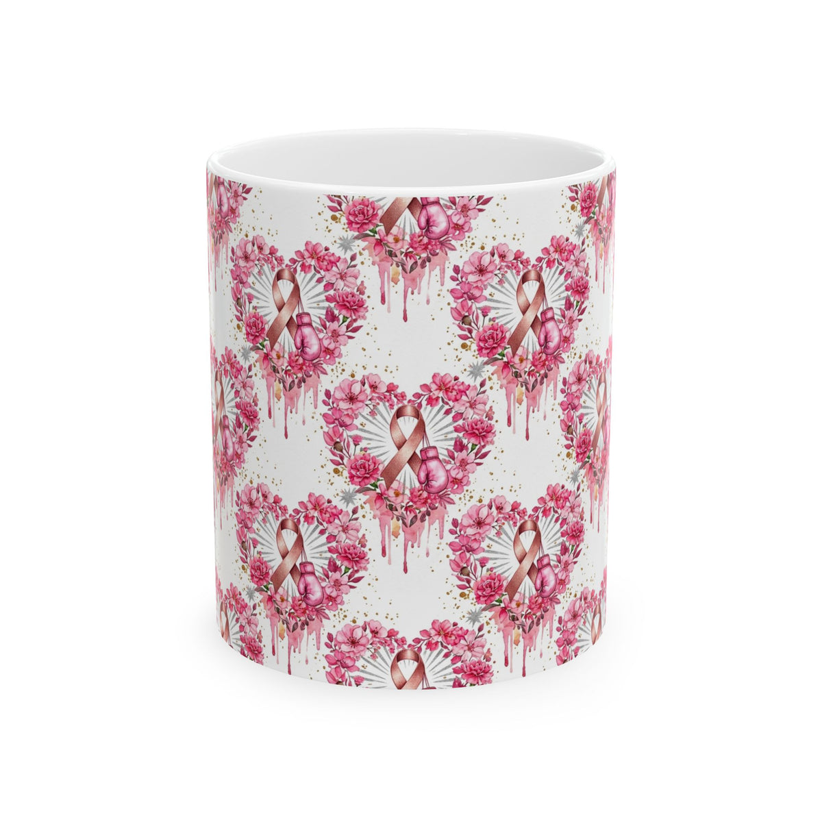 Heart Pink Ribbon Floral Breast Cancer Awareness Mug - Ceramic Mug, (11oz, 15oz)