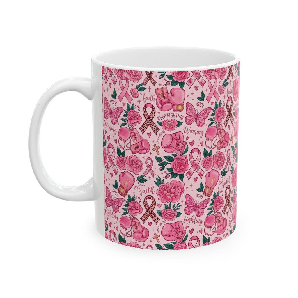 Pink Boxing Gloves & Ribbon Pattern Awareness Mug - Ceramic Mug, (11oz, 15oz)