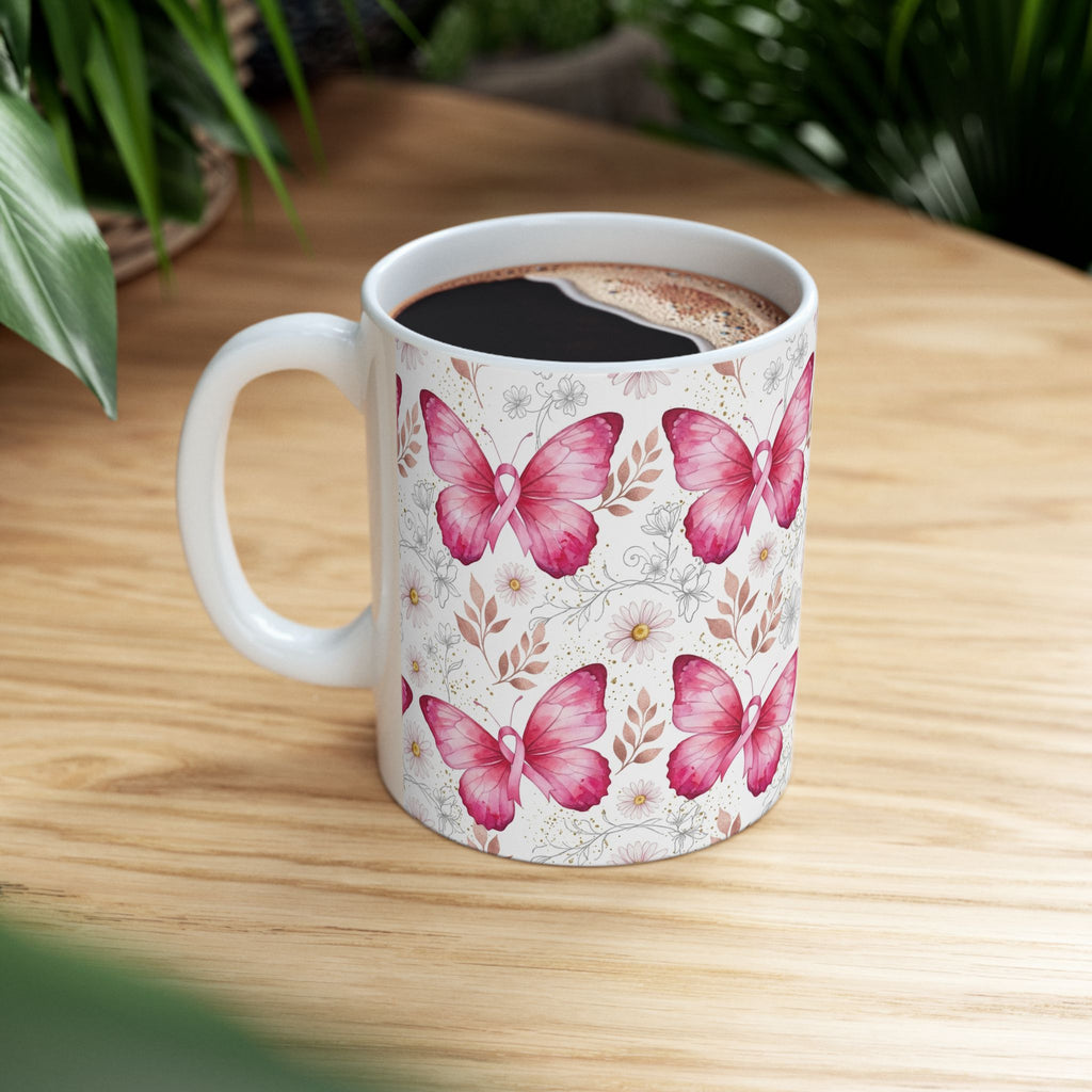 Pink Butterfly & Ribbon Breast Cancer Awareness Mug - Ceramic Mug, (11oz, 15oz)