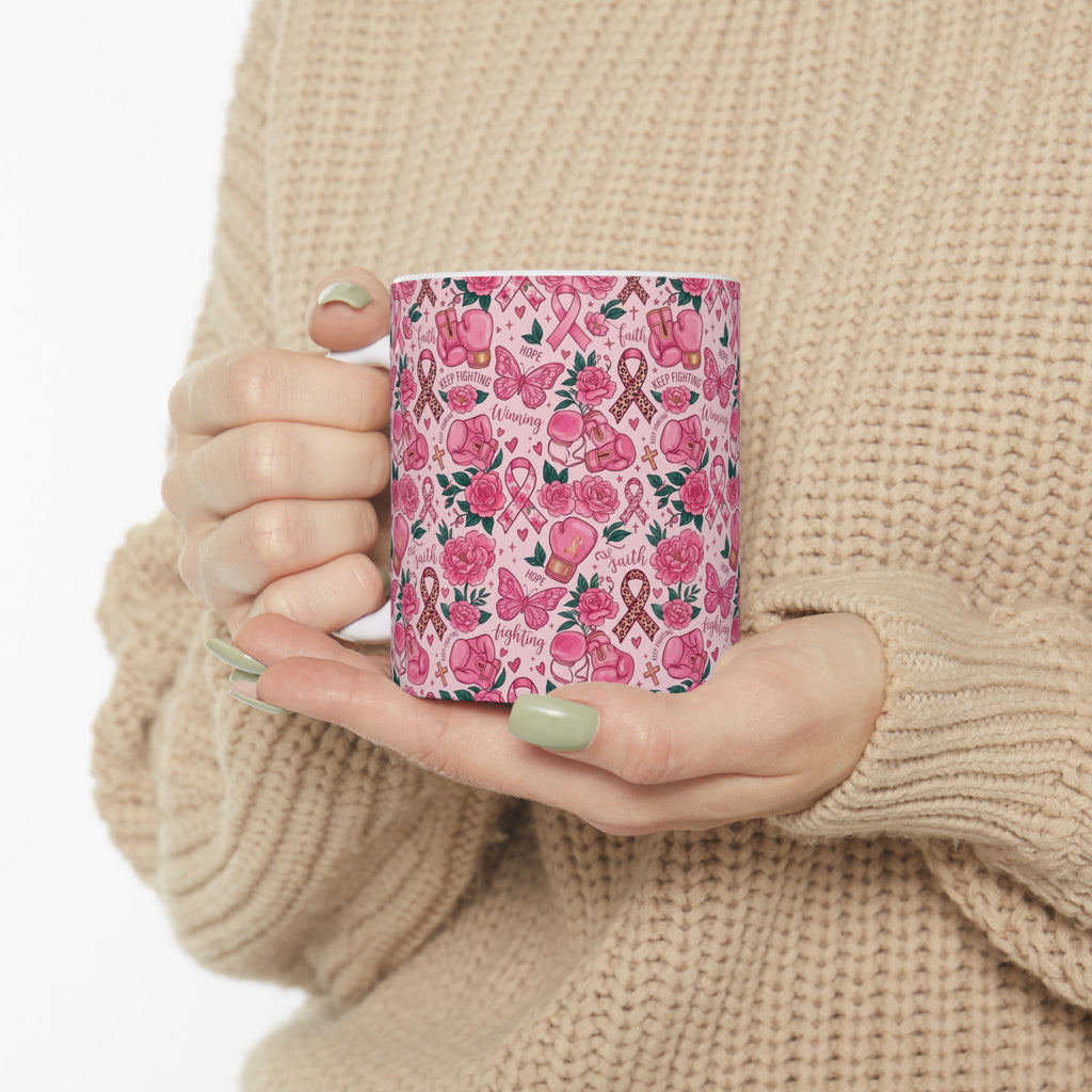 Pink Boxing Gloves & Ribbon Pattern Awareness Mug - Ceramic Mug, (11oz, 15oz)