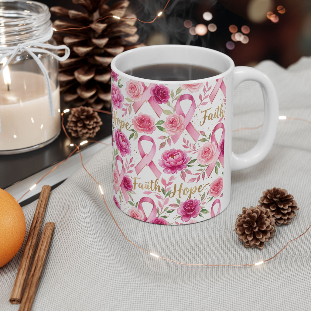Hope & Pink Ribbon Floral Awareness Mug - Ceramic Mug, (11oz, 15oz)