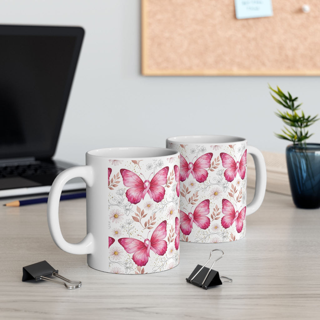 Pink Butterfly & Ribbon Breast Cancer Awareness Mug - Ceramic Mug, (11oz, 15oz)