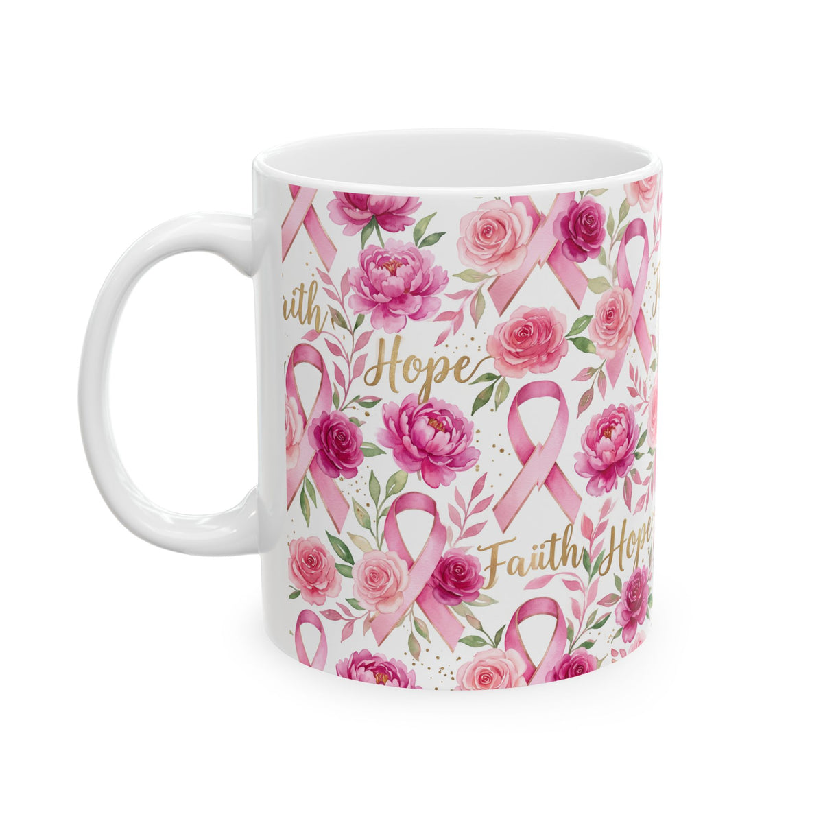 Hope & Pink Ribbon Floral Awareness Mug - Ceramic Mug, (11oz, 15oz)