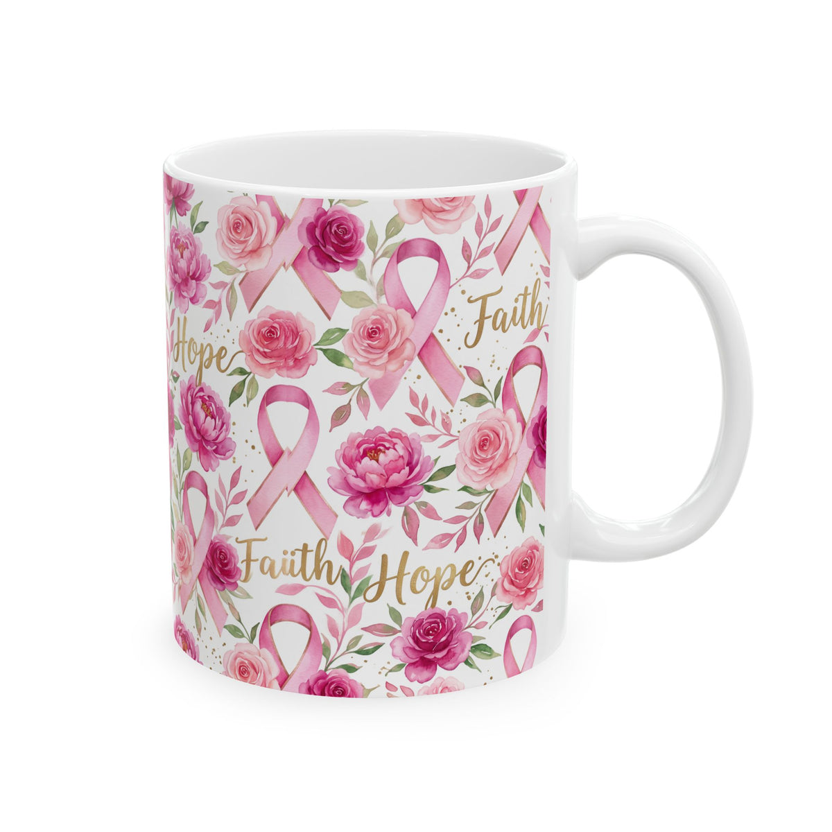 Hope & Pink Ribbon Floral Awareness Mug - Ceramic Mug, (11oz, 15oz)